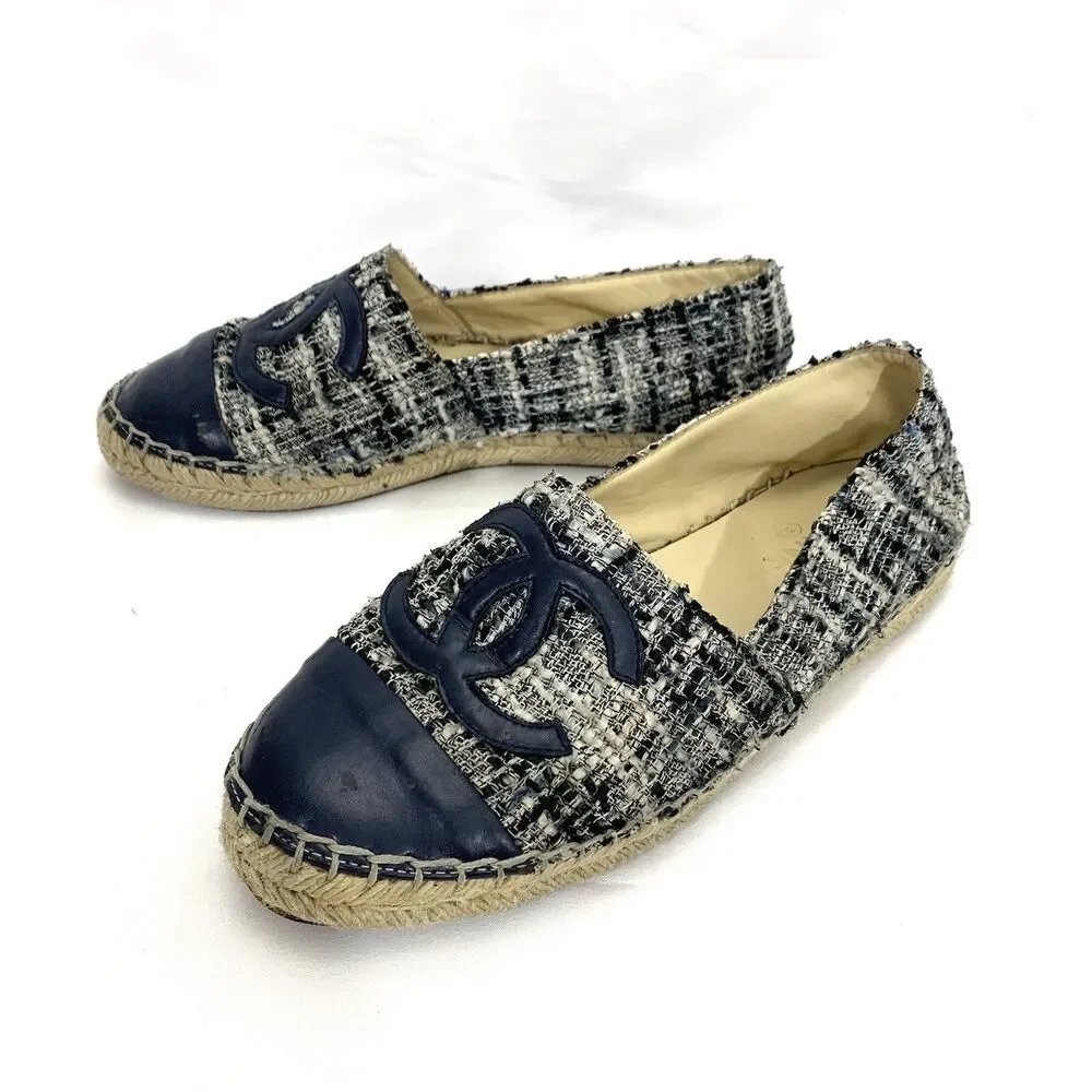 CHANEL Women’s Blue Espadrille Tweed and Leather Size 38